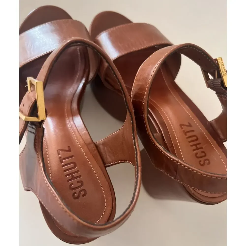 Schutz Tuke Platform Sandals Womens US 5.5 Cognac Brown Leather Chunky Heel NWOB